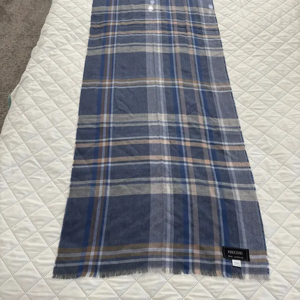 Kingcraig Scotland Extra Fine Merino Wool Plaid Scarf Blue Beige Unisex 71x20